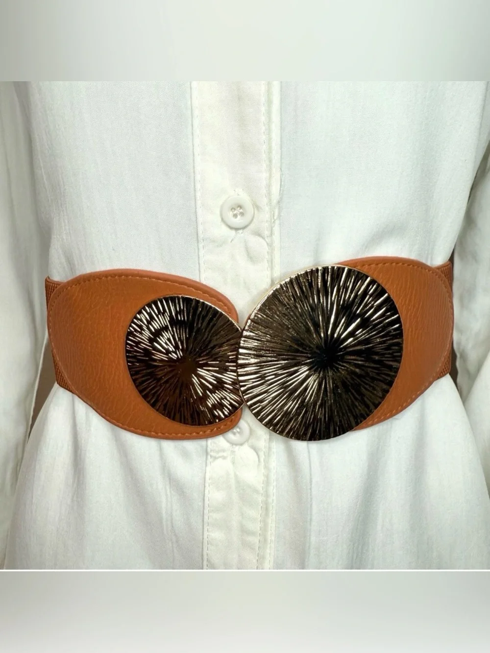 Camel PU leather elastic waistband belt with gold tone buckle